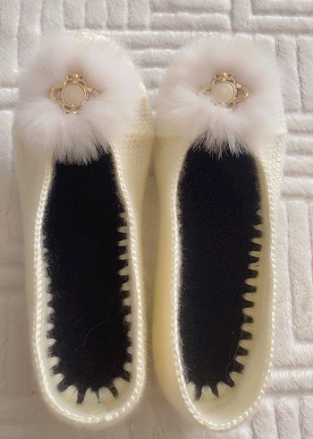 Kız Çocuk Beyaz Kürklü Triko Ev Terliği - Görsel 2