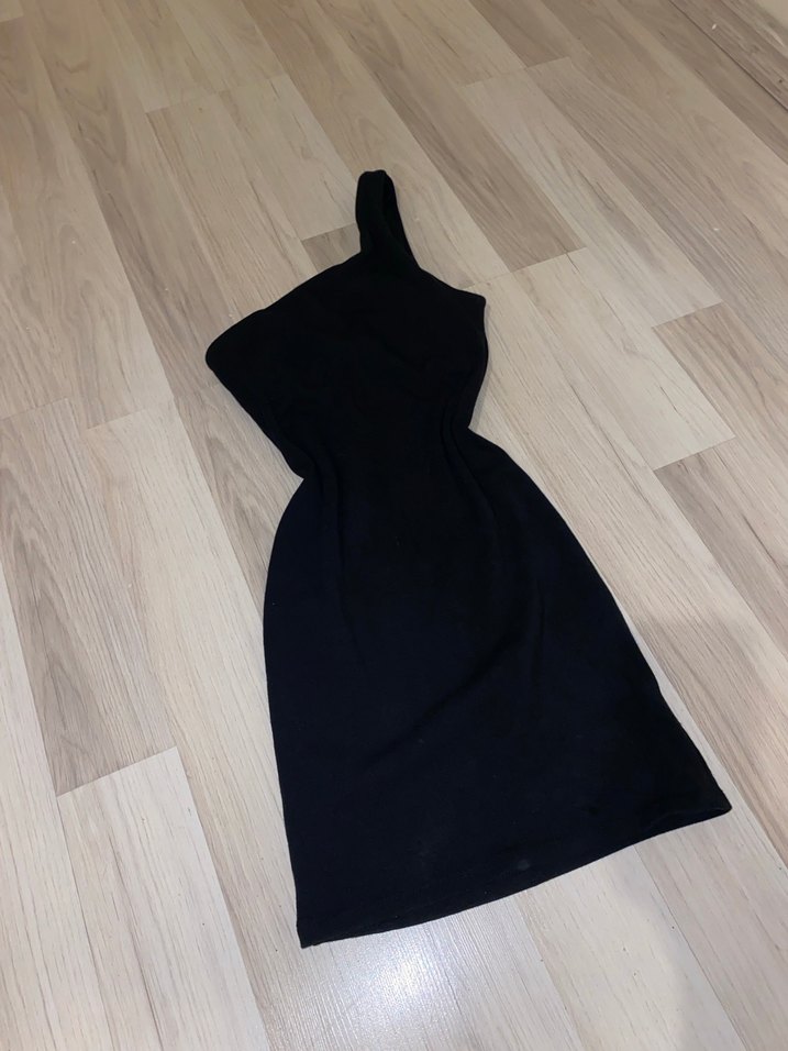 Siyah Tek Omuz Midi Triko Elbise - Görsel 2