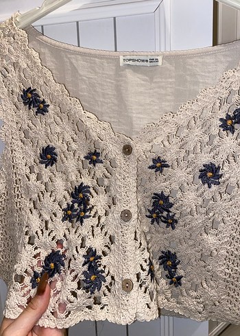 Nakışlı Beyaz Örgü Bohem Kadın Yelek - Görsel 2