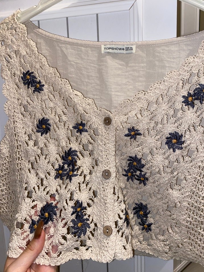 Nakışlı Beyaz Örgü Bohem Kadın Yelek - Görsel 2