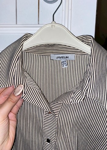 Bej Çizgili Uzun Kollu Kadın Gömlek - Görsel 3