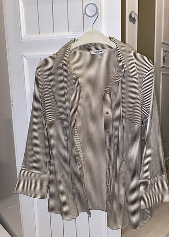 Bej Çizgili Uzun Kollu Kadın Gömlek - Görsel 2