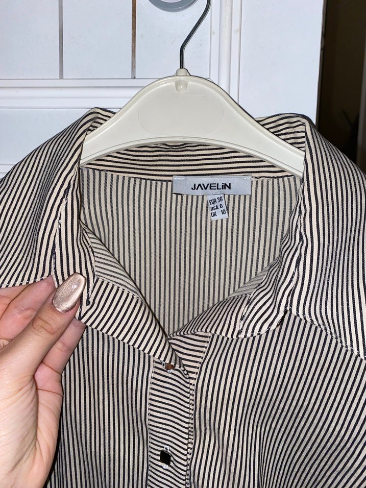 Bej Çizgili Uzun Kollu Kadın Gömlek - Görsel 3