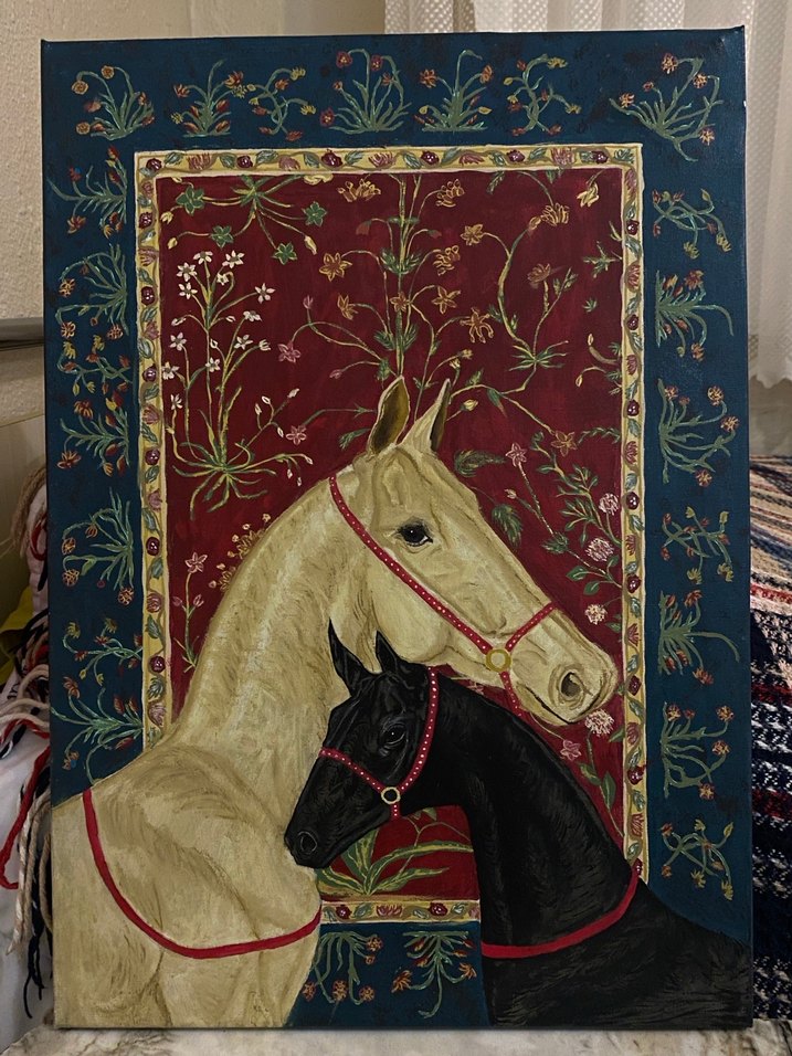 Etnik Halı Desenli At Figürlü El Yapımı Tablo - Görsel 3