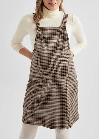 Kahverengi Kareli Hamile Midi Elbise - Görsel 2