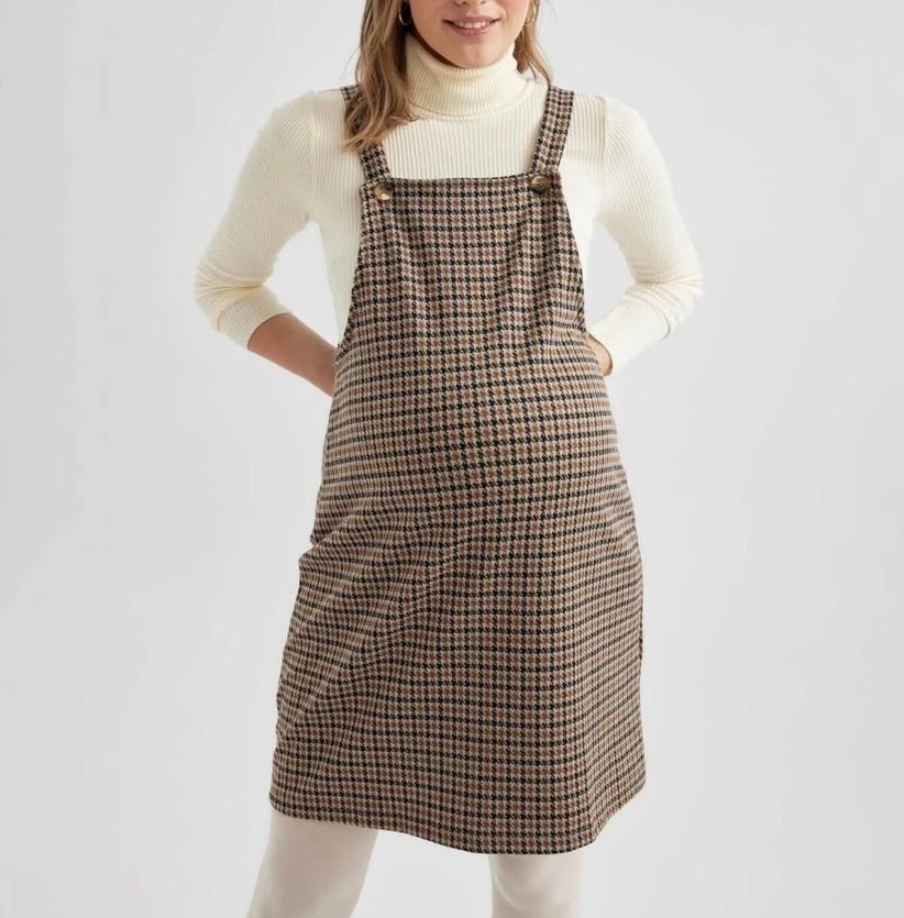 Kahverengi Kareli Hamile Midi Elbise - Görsel 2