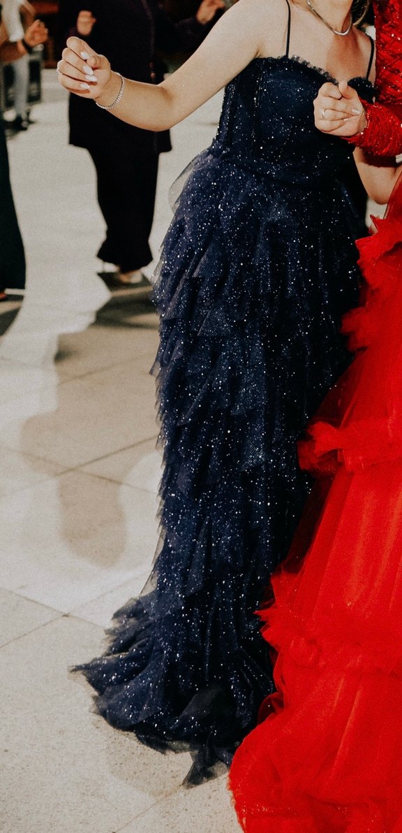 Lacivert Fırfırlı Uzun Abiye Elbise - Görsel 2