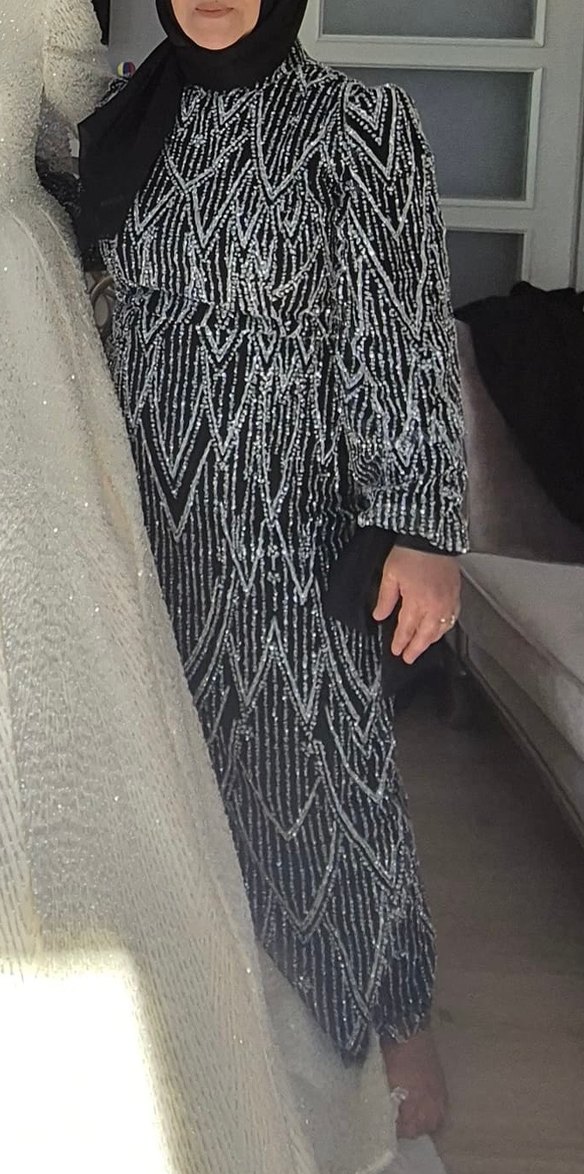 Siyah Uzun Kollu Drapeli Gece Elbisesi - Görsel 2