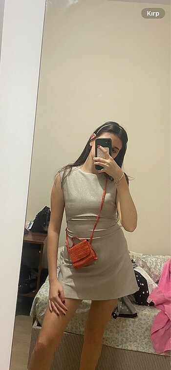 xs Beden camel Renk Zara simli vatkali mini elbise