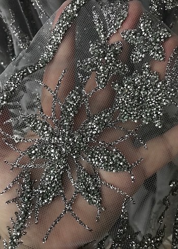 Uzun Kollu Gri Taşlı Abiye Elbise - Görsel 6