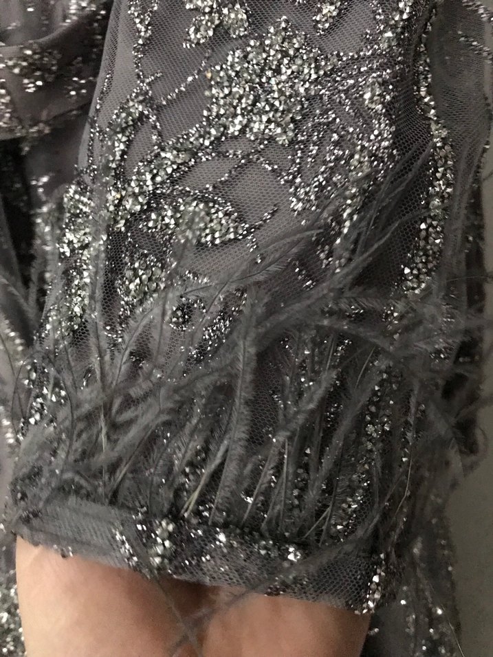 Uzun Kollu Gri Taşlı Abiye Elbise - Görsel 4