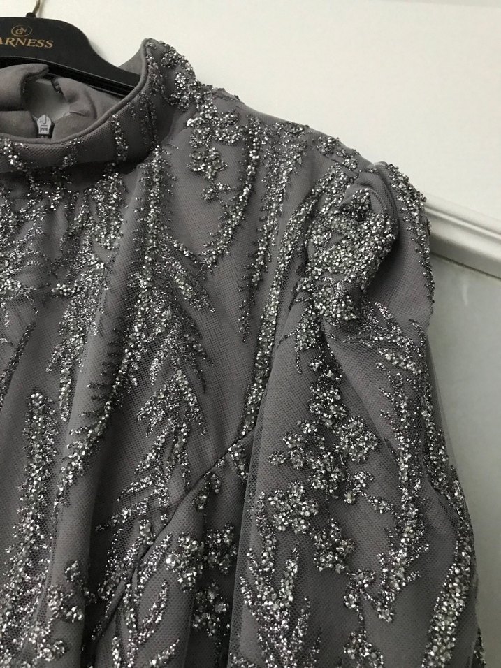 Uzun Kollu Gri Taşlı Abiye Elbise - Görsel 5