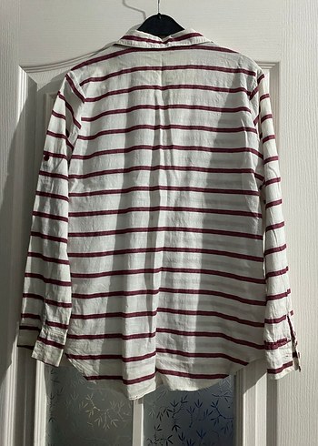 Bordo Çizgili Uzun Kollu Keten Gömlek - Görsel 4