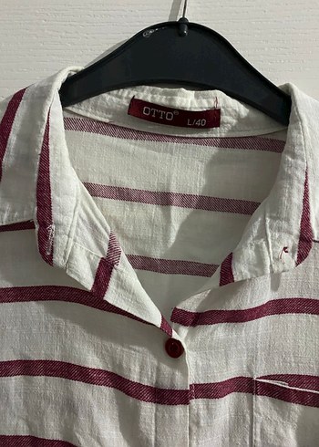 Bordo Çizgili Uzun Kollu Keten Gömlek - Görsel 2