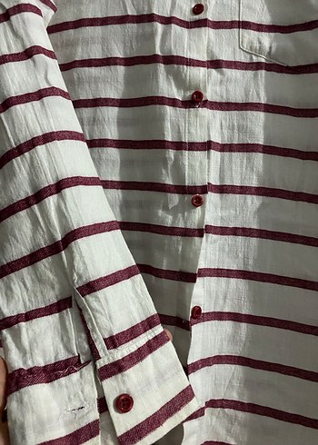 Bordo Çizgili Uzun Kollu Keten Gömlek - Görsel 3