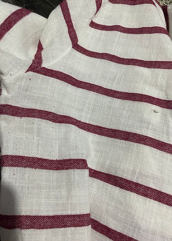 Bordo Çizgili Uzun Kollu Keten Gömlek - Görsel 6