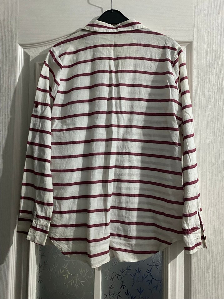Bordo Çizgili Uzun Kollu Keten Gömlek - Görsel 4