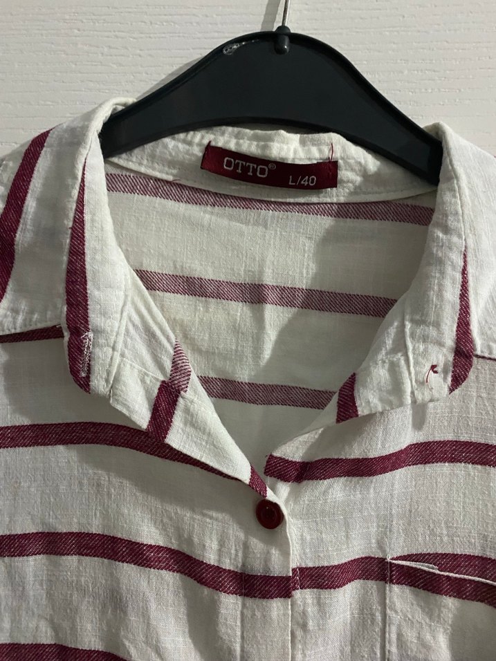 Bordo Çizgili Uzun Kollu Keten Gömlek - Görsel 2