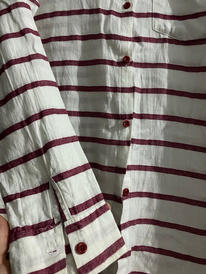 Bordo Çizgili Uzun Kollu Keten Gömlek - Görsel 3