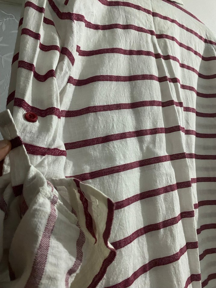 Bordo Çizgili Uzun Kollu Keten Gömlek - Görsel 5