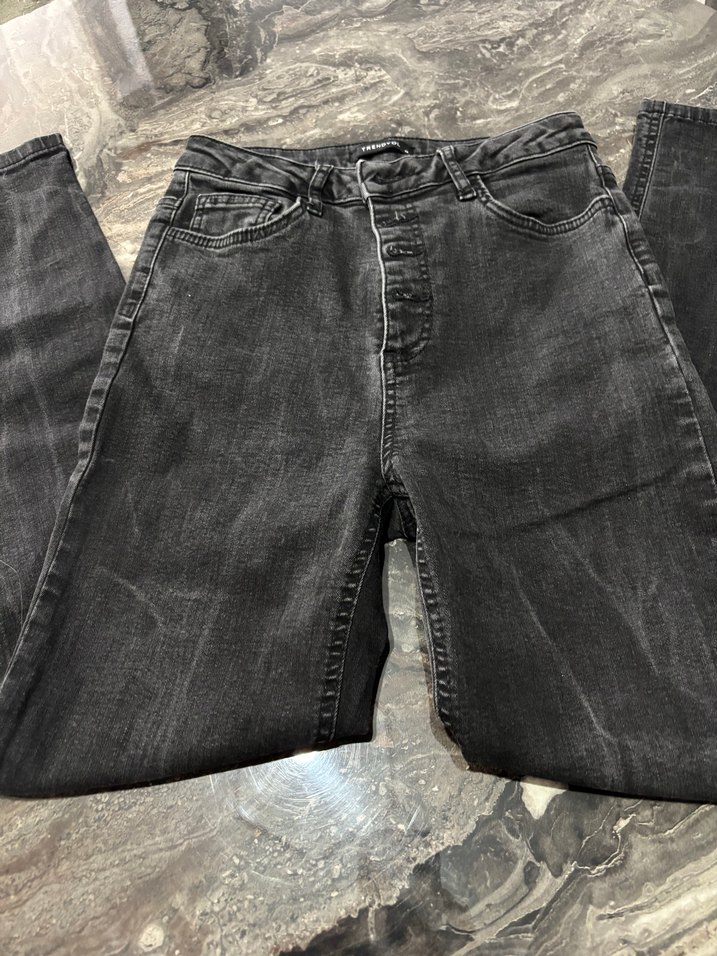 Düğmeli Antrasit Denim Kadın Jean - Görsel 2