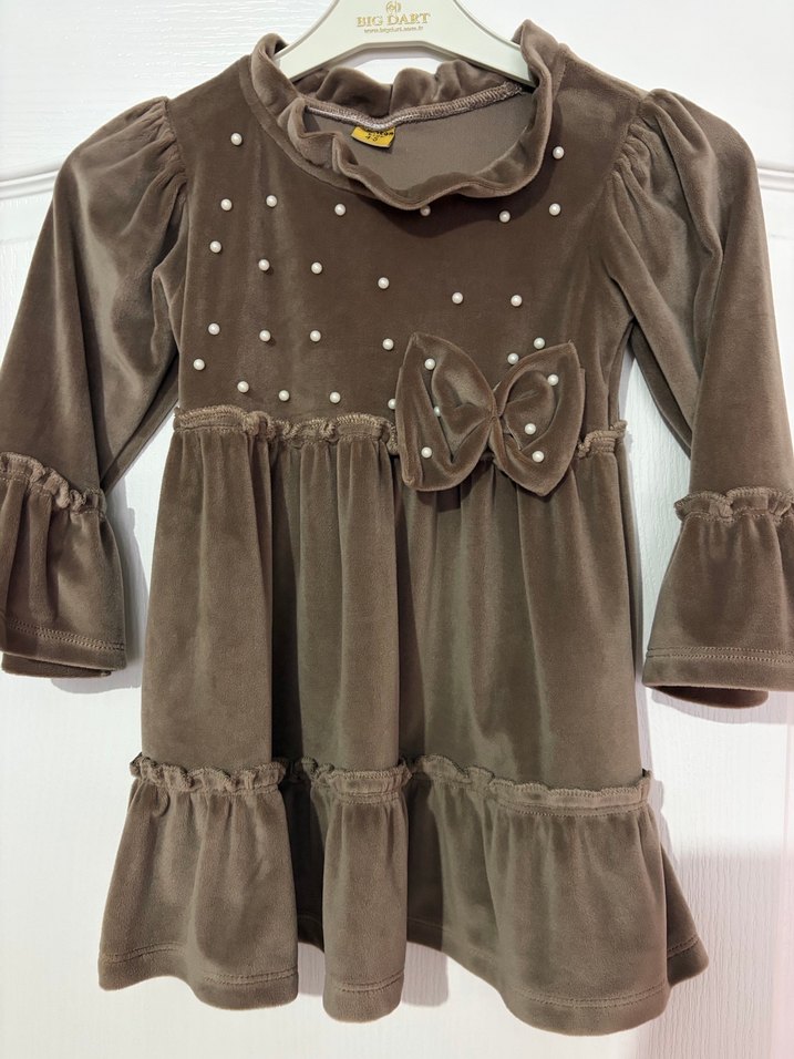 Kız Çocuk Kahverengi Fırfırlı Elbise - Görsel 3