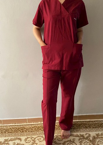 l Beden Bordo V Yakalı Hemşire Önlüğü Midi Boy
