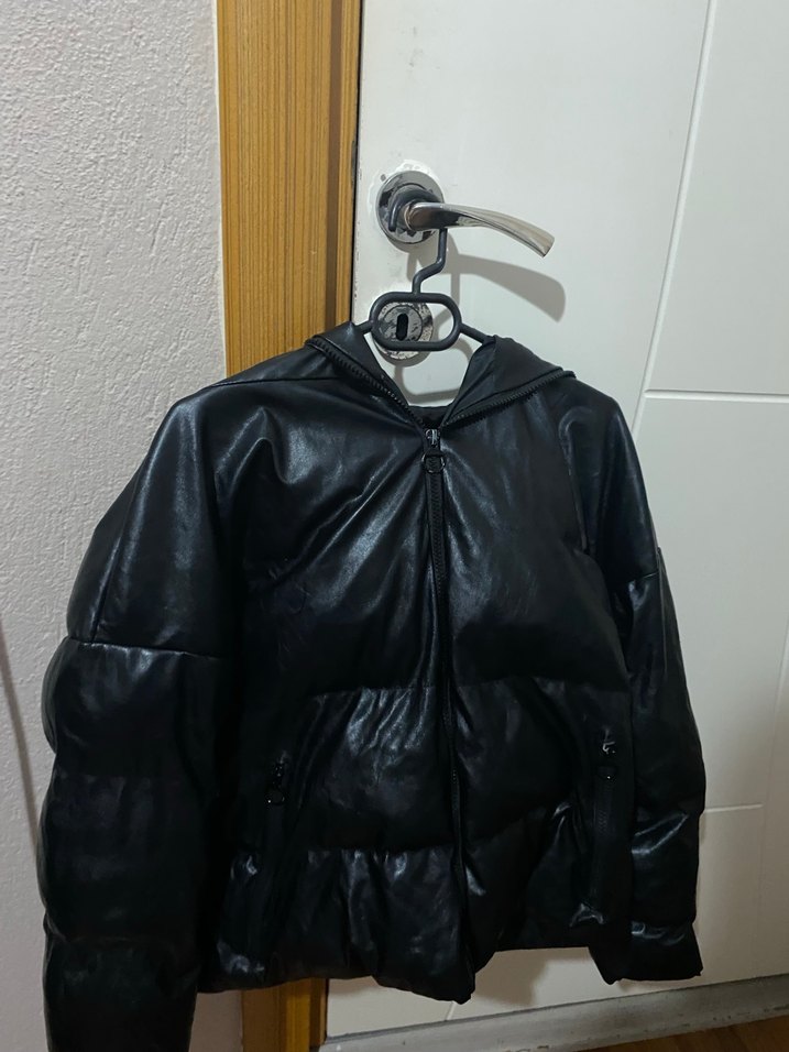 Siyah Deri Kadın mont - Görsel 5