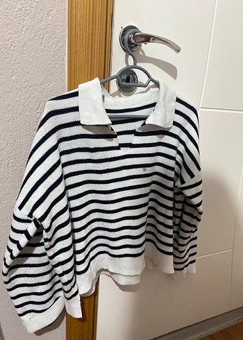 Çizgili Beyaz Gri Uzun Kollu Örgü Kazak - Görsel 4