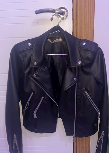 s Beden Siyah Kadın Deri Biker Ceket