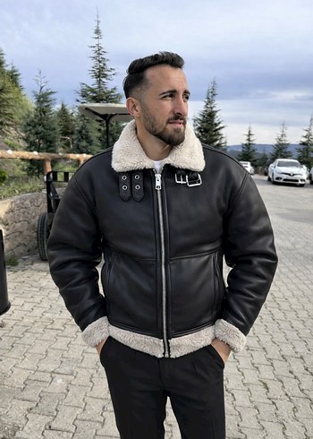 Bershka Siyah Deri Kurklu Erkek Ceket