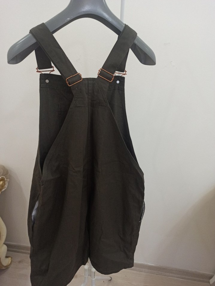 Haki Keten Mini Askılı Hamile Tulum - Görsel 3