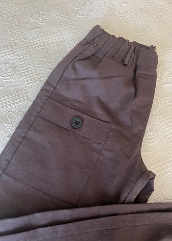 Diğer Düğmeli Kahverengi Keten Rahat Kesim Kadın Pantolon