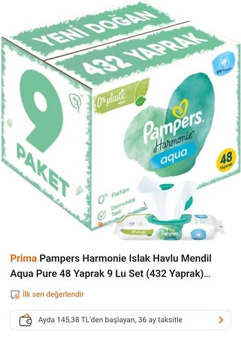 Prima Prima Pampers Harmonie Yeni Doğan Aqua Pure 48 Yaprak 9 Lu Set