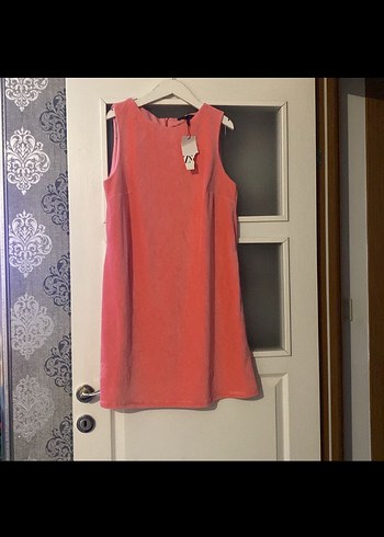 Pembe Süet  kadife Kolsuz Midi Elbise - Görsel 2