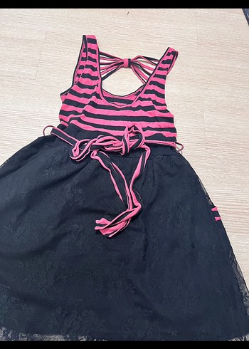 Pembe Siyah Çizgili Gotik Midi Elbise - Görsel 3