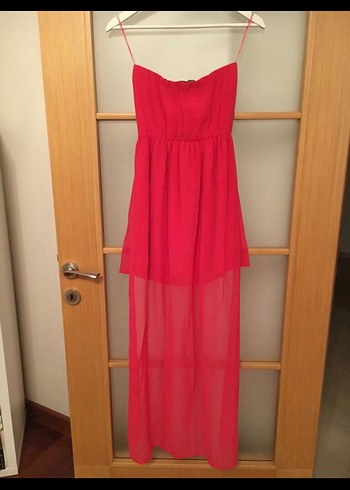 Kırmızı Uzun Straplez Kemerli Abiye Elbise - Görsel 3