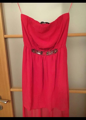 Kırmızı Uzun Straplez Kemerli Abiye Elbise - Görsel 2