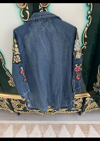 Nakışlı Kadın Kot Ceket, Salaş Kesim, Mavi - Görsel 3