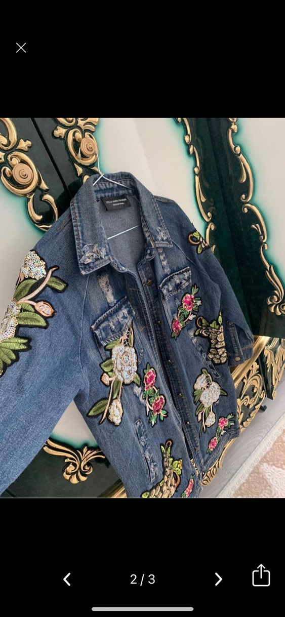 Nakışlı Kadın Kot Ceket, Salaş Kesim, Mavi - Görsel 2