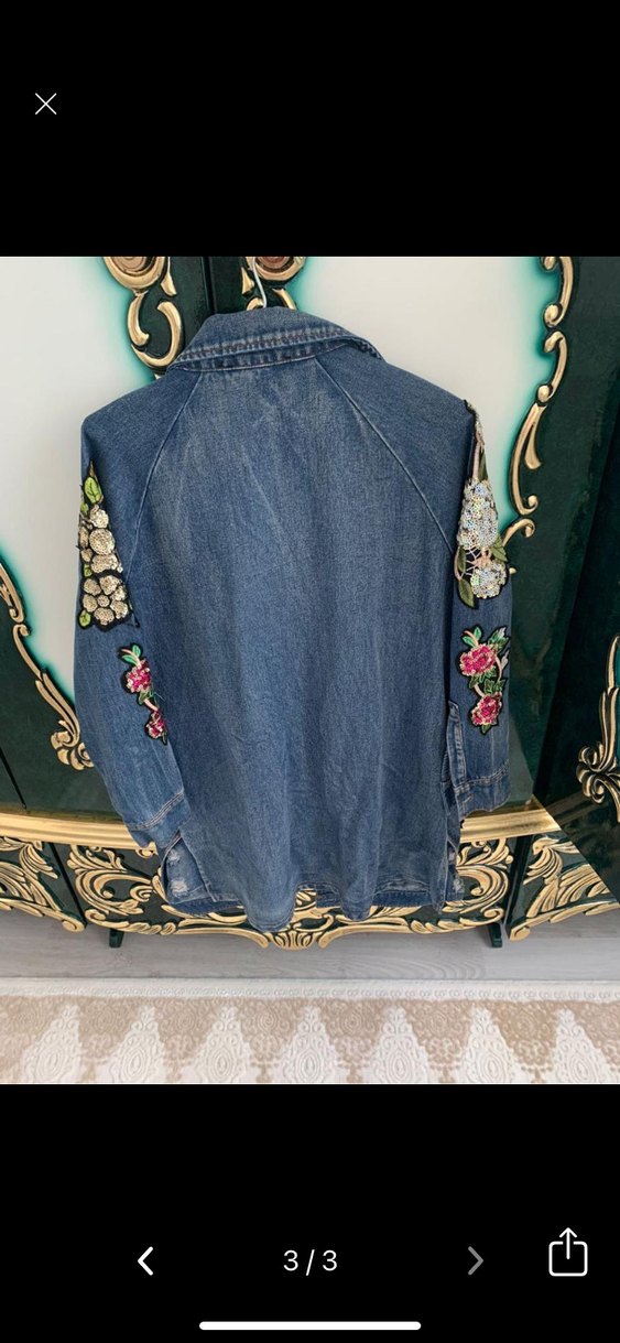 Nakışlı Kadın Kot Ceket, Salaş Kesim, Mavi - Görsel 3