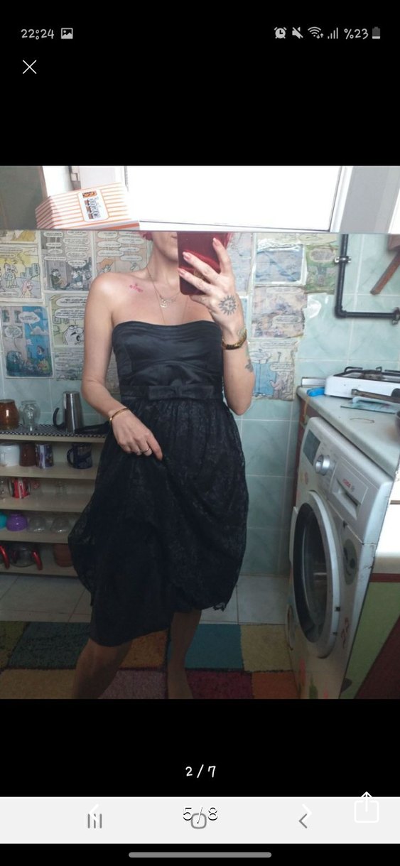 Dantel Detaylı Siyah Straplez Midi Elbise - Görsel 5