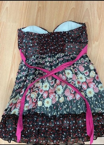 Çiçek Desenli Straplez Mini Bustiyer Elbise - Görsel 2