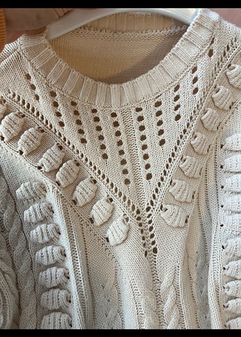 Beyaz Örgü Bohem Mini Kazak - Görsel 2