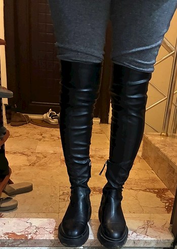 Siyah Deri Dizüstü Kadın Çizme - Görsel 11