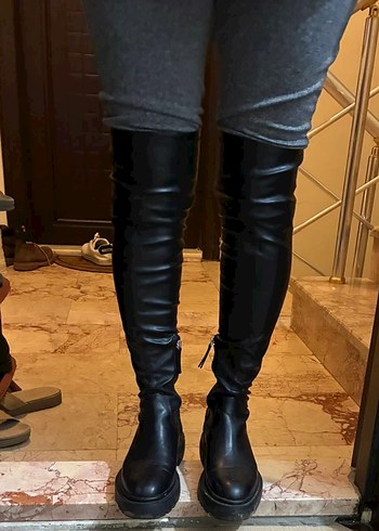 Siyah Deri Dizüstü Kadın Çizme - Görsel 9