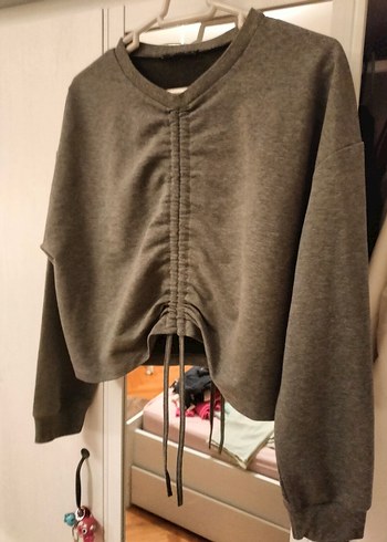 Gri Örgü Detaylı Kadın Sweatshirt