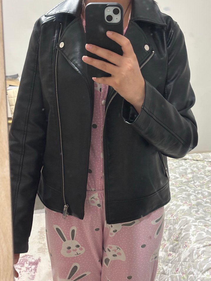 Kadın Siyah Deri Biker Ceket - Görsel 4