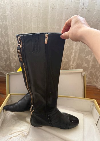 Siyah Deri Fermuarlı Dizüstü İnce Topuklu Çizme - Görsel 3