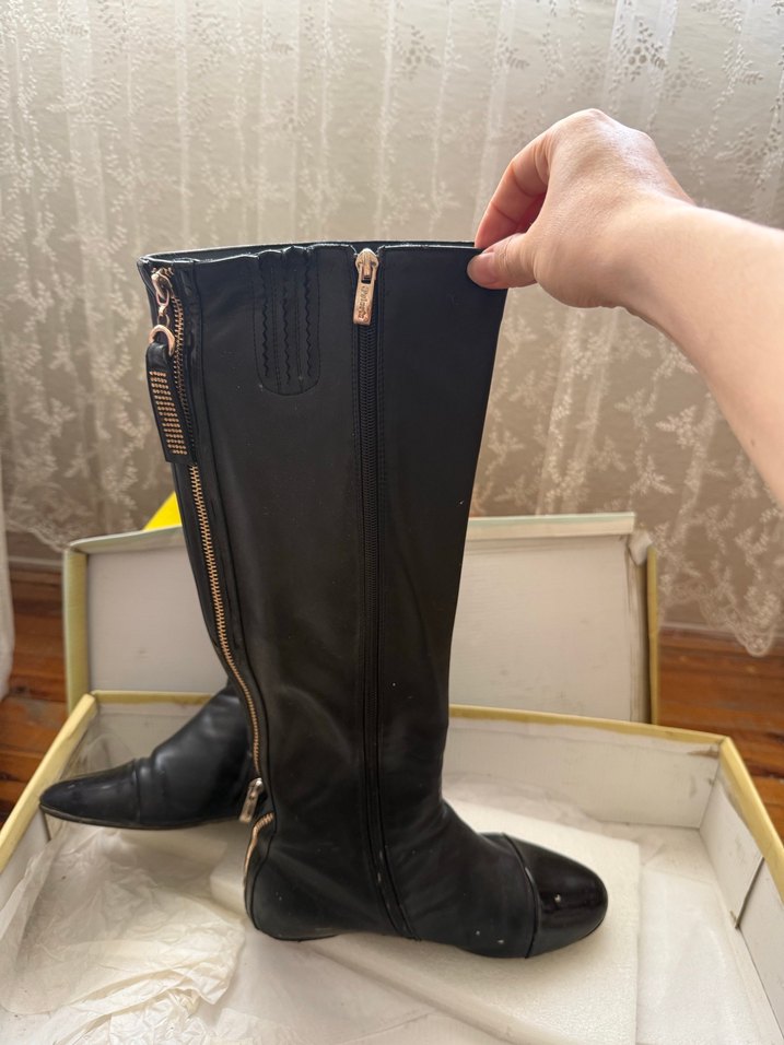 Siyah Deri Fermuarlı Dizüstü İnce Topuklu Çizme - Görsel 3